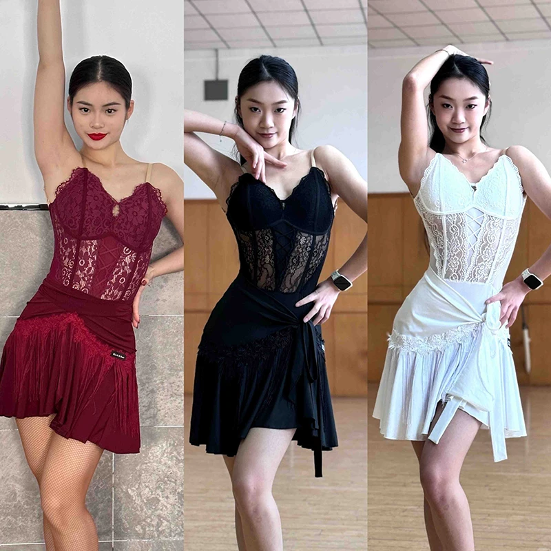 

2024 New Latin Dance Costumes For Women Sexy Backless Practice Clothes Chacha Rumba Tango Lace Tops Split Skirts Suit DN17506