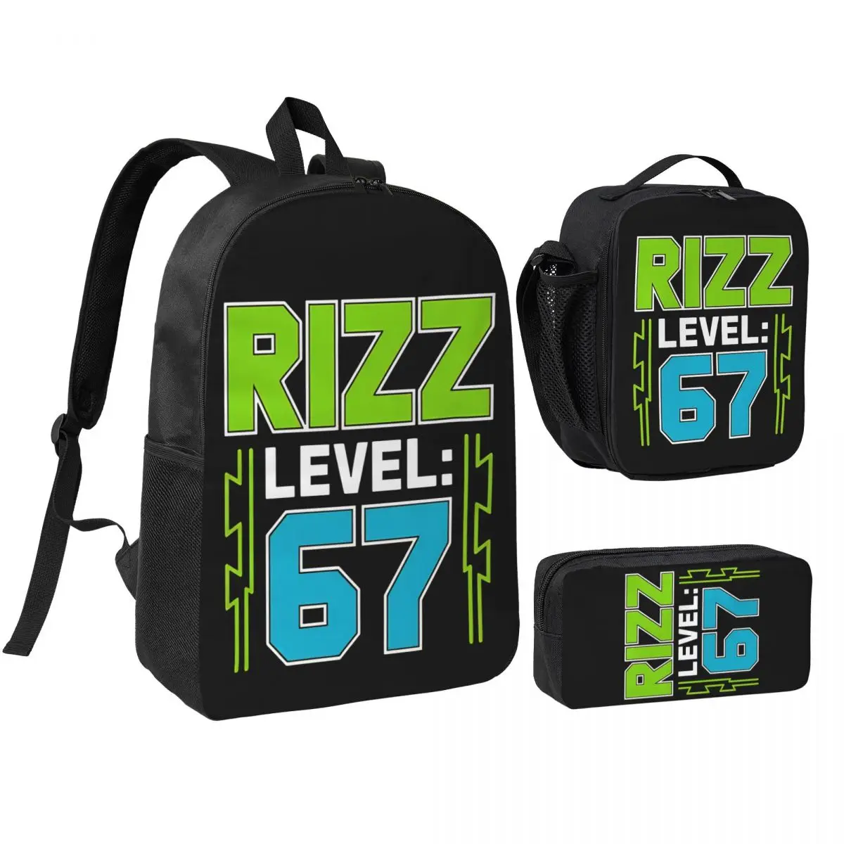 Rizz Level 67 Meme Shirt Youth Trend Six Seven 6 7 Meme 6 7 3pecs/set Backpack for Student Canvas Bags Lunch bag Pencil Case