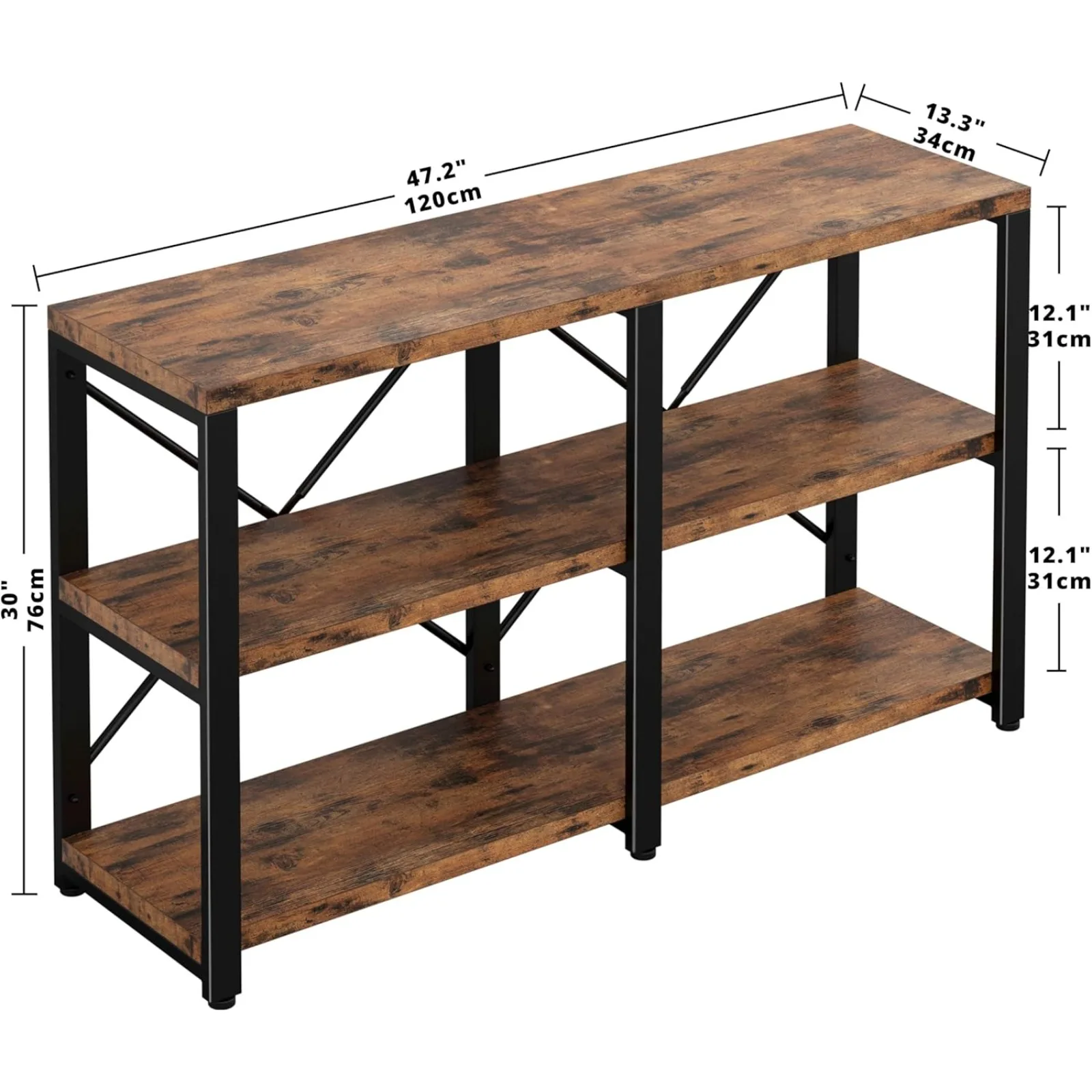 US Bookshelf Double Wide 47 in 3-Tier, Industrial Bookcases, Wood and Metal Bookshelves, Book Shelves for Home Office Decor