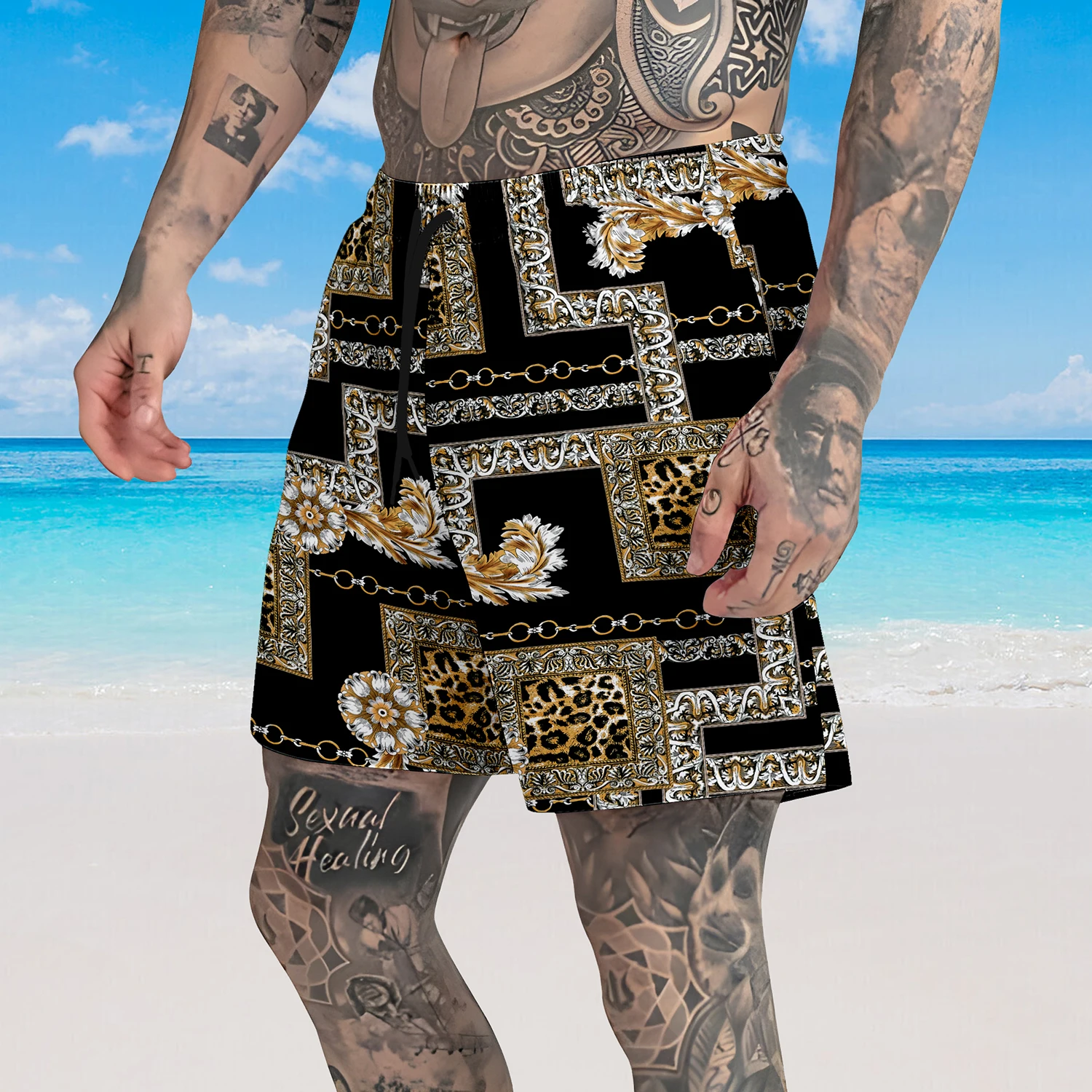 Fashionable Summer Chain Plaid Leopard Print Digital Print Men's Drawstring Quick Drying Hawaiian Beach Fitness Casual Shorts