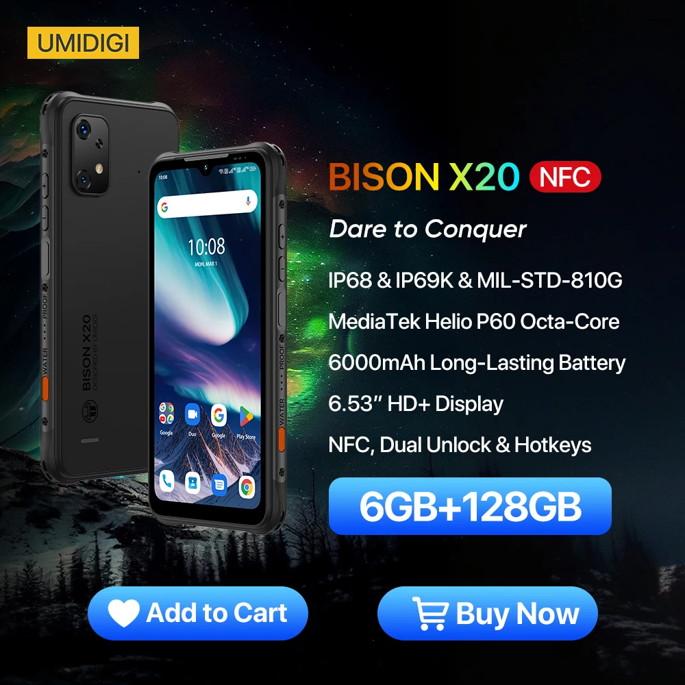 umidigi bison x20 si simpakejlloiyay android 13 mtk helio p60 8 core nfc 653 hd mais 6gb 128gb 6000mah agps ip68 ip69k 01