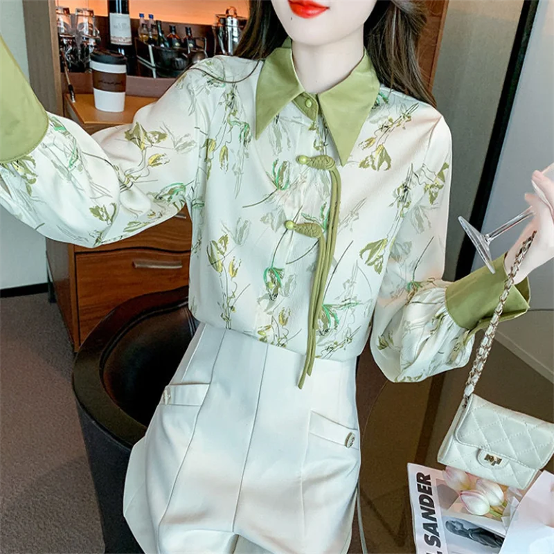 

Chinese Style Blouses For Women Retro Floral Shirt Loose Chiffon Top Vintage Dial Buckle Shirt Thin Cardigan Long Sleeve Blouse