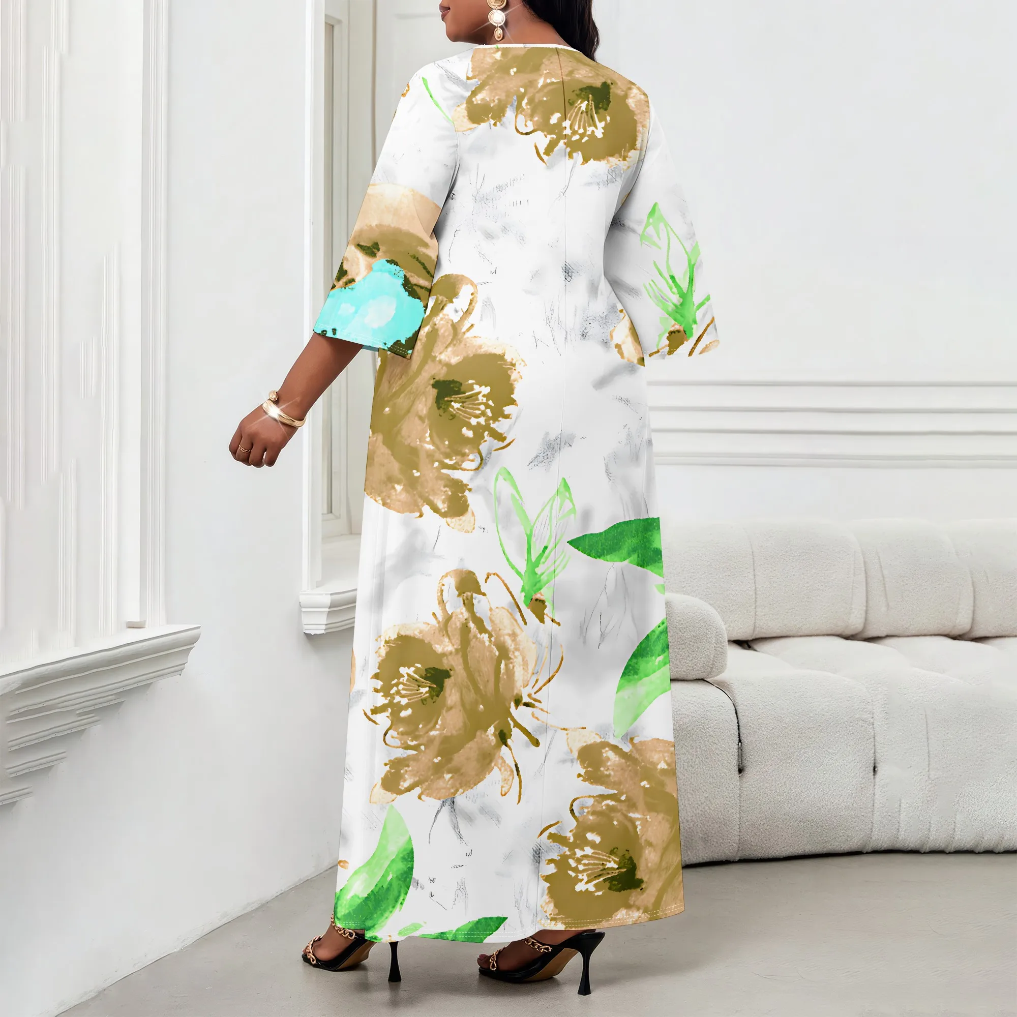 Damen-Kleid mit mittellangen Ärmeln in Übergröße, modisches bedrucktes kleines V-Ausschnitt, lässiges Heimkleid