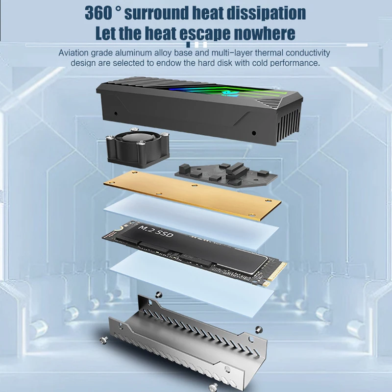 M2 Heat-sink NVMe SSD 2280 Cooler Brass+Aluminum with High-Speed Fan(9000RPM), 5V ARGB Lens Infinite Mirror Design - view 4
