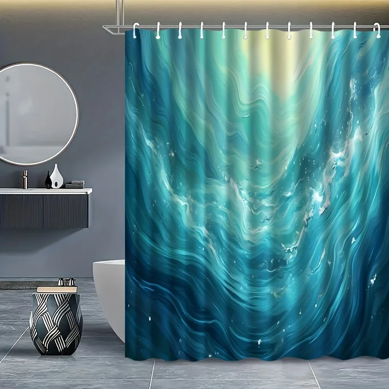 2D Flat, JIT1pcs Ocean Wave Pattern Shower Curtain with Hooks, Washable Shower Curtain, Bathroom Divider, Bathroom Accessories,
