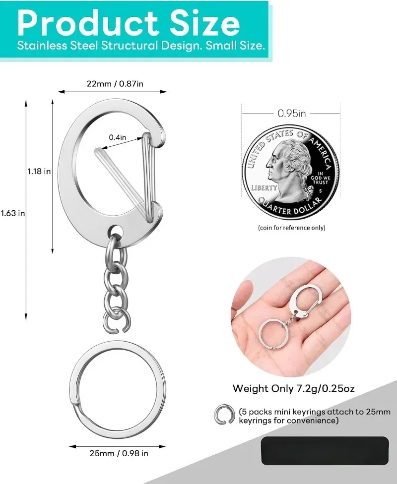 Stainless Steel Metal Keychain Clip Small Carabiner Keyring Holder Key Chain Rings For Purse Wallet Dog Tag Backpack