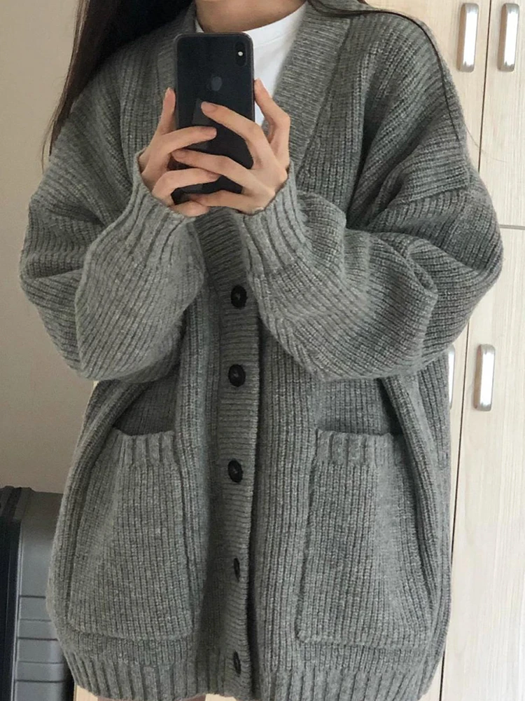 Women 2026 New Oversized V Neck Knit Cardigan Long Sleeve Button Sweater Coat With Pockets Korean Style Loose Solid Casual Autum