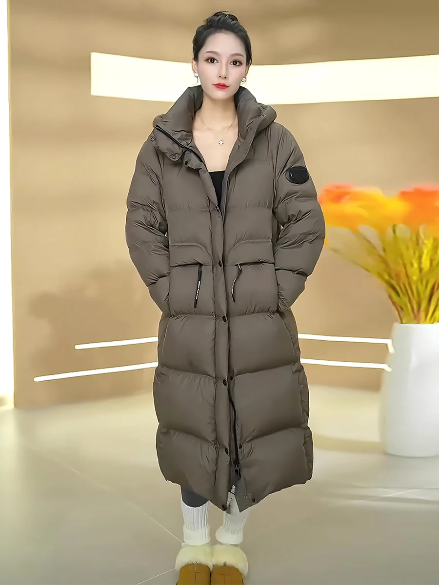 패셔너블 캐주얼 고급 화이트 다운 재킷 여성용 트렌디 후드 스탠드 칼라 롱 코트 2025년 겨울 신상품