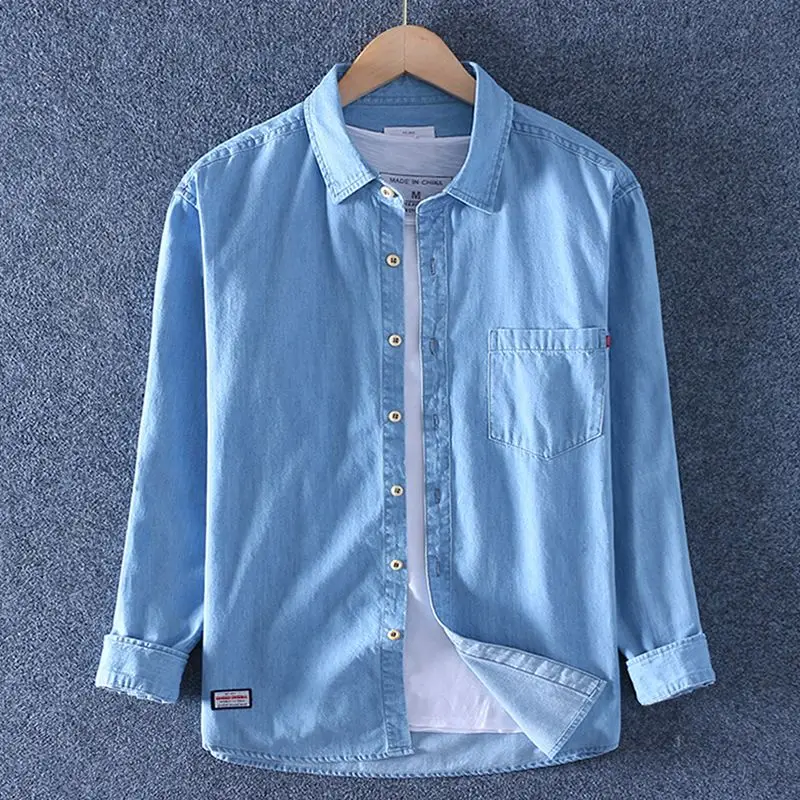 

Light Color Long-sleeved Shirt Men Denim Cardigan Spring and Autumn New Casual Loose Thin Jacket TrendyYY28