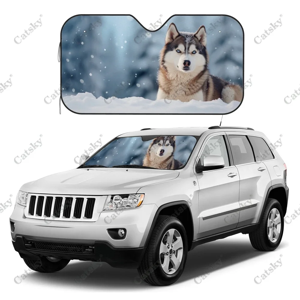 Siberian Husky Dog With Snow Car Windshield Sunshade, Front Auto Accessories Cars Sun Shade Blocks Uv Rays Sun-Visor Protector