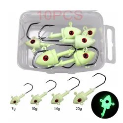 QualyQualy 10pcs Glow Jig Heads Fishing Hooks 14g 20g Luminous Hard Baits Jig Lure Fishing Hook For Soft Worm Fishing Tackle