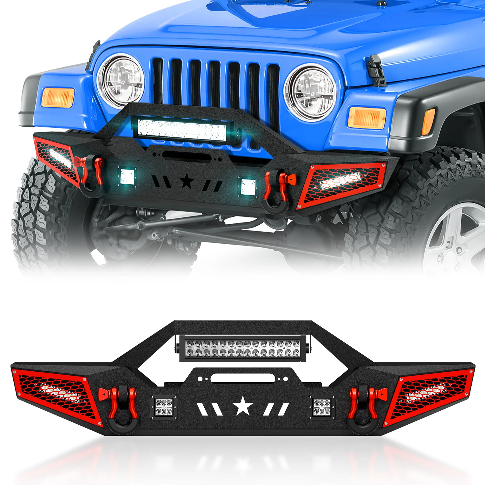 

Front Bumper with Winch Plate & LED Lights & 2× 4.75-ton D-rings for 1987-2006 Jeep Wrangler TJ YJ LJ 2/4 Doors Off-road Black