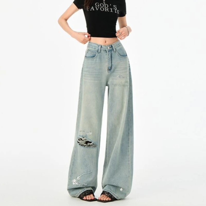 

2026 Summer American Vintage Ripped Distressed Straight Leg Wide Leg Jeans Women Loose Slim High Waist Floor Length Denim Pants