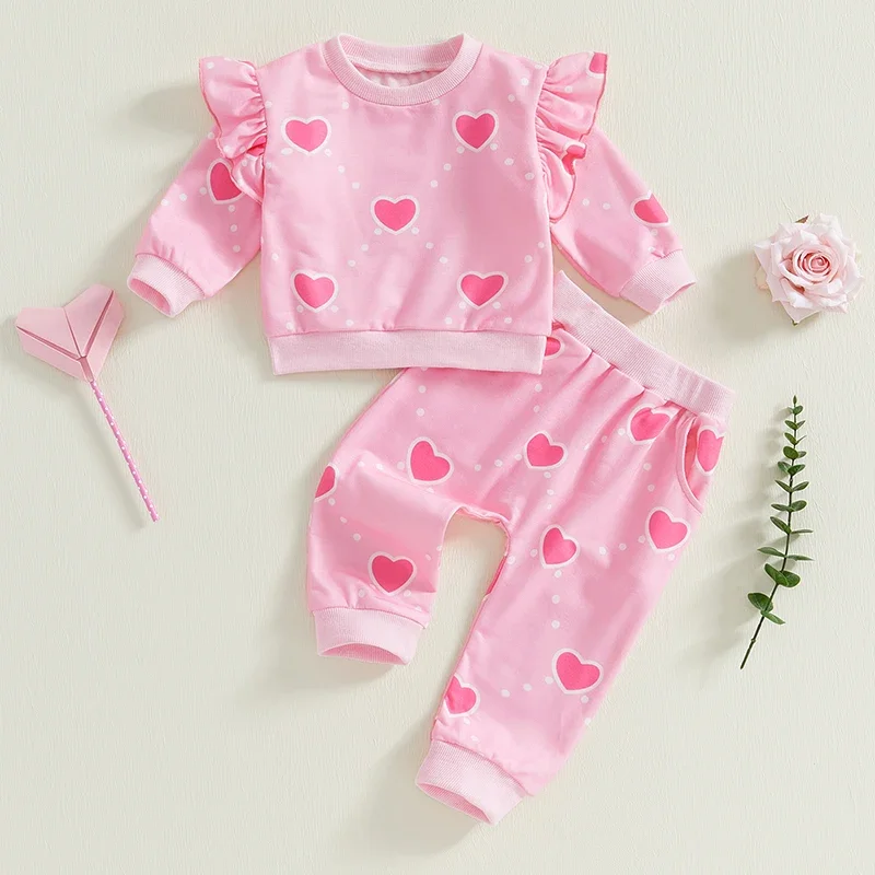 

Baby Clothing Girl Outfits Heart Print Ruffled Long Sleeve Sweatshirt Pocket Long Pants Fall Newborn Winter Clothes Set