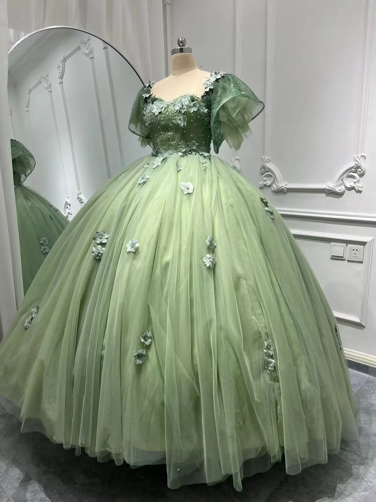 Imagen Real personalizada, vestidos para ocasiones de graduación para mujer, Vestido de fiesta de cumpleaños de niña Floral 3D de manga corta, Vestido 15 Quinceanera 16