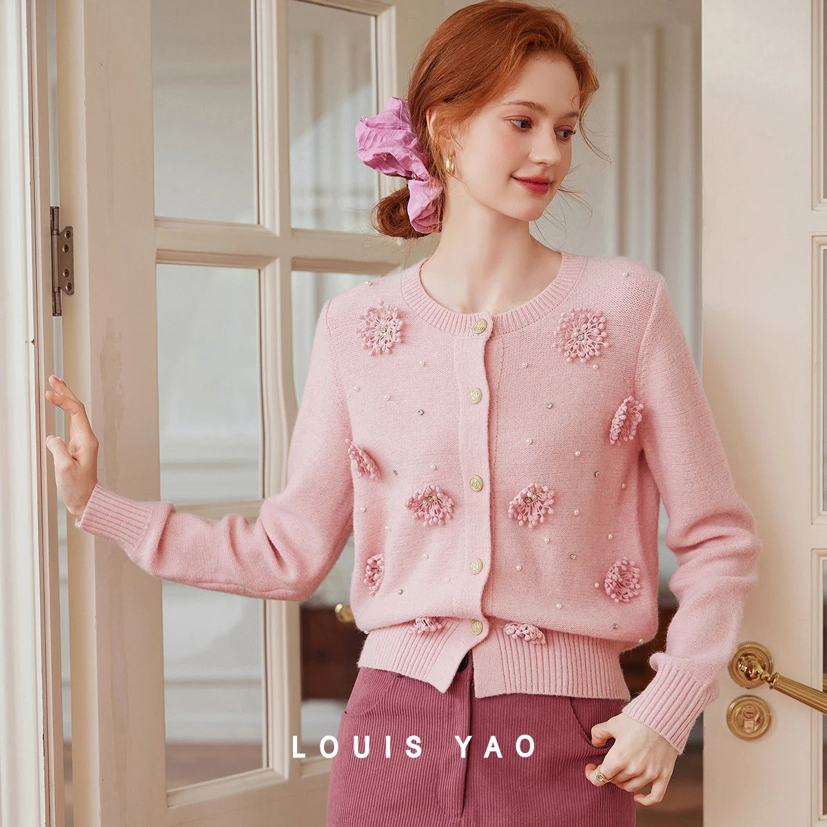 

LOUIS YAO 3D Floral Beaded Knitted Cardigan 2025 Autumn Winter Outerwear Women's Sweater Fashionable Gentle Knitwear