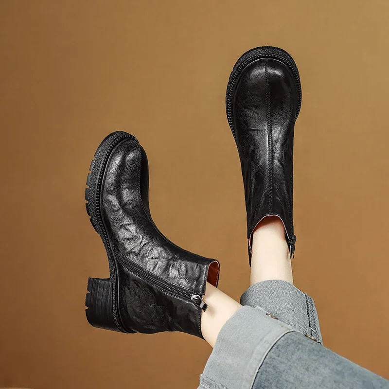 2026 new winter women ankle boots natural leather plus size 22-25cm sheepskin round toe thick heel retro side zip short boots