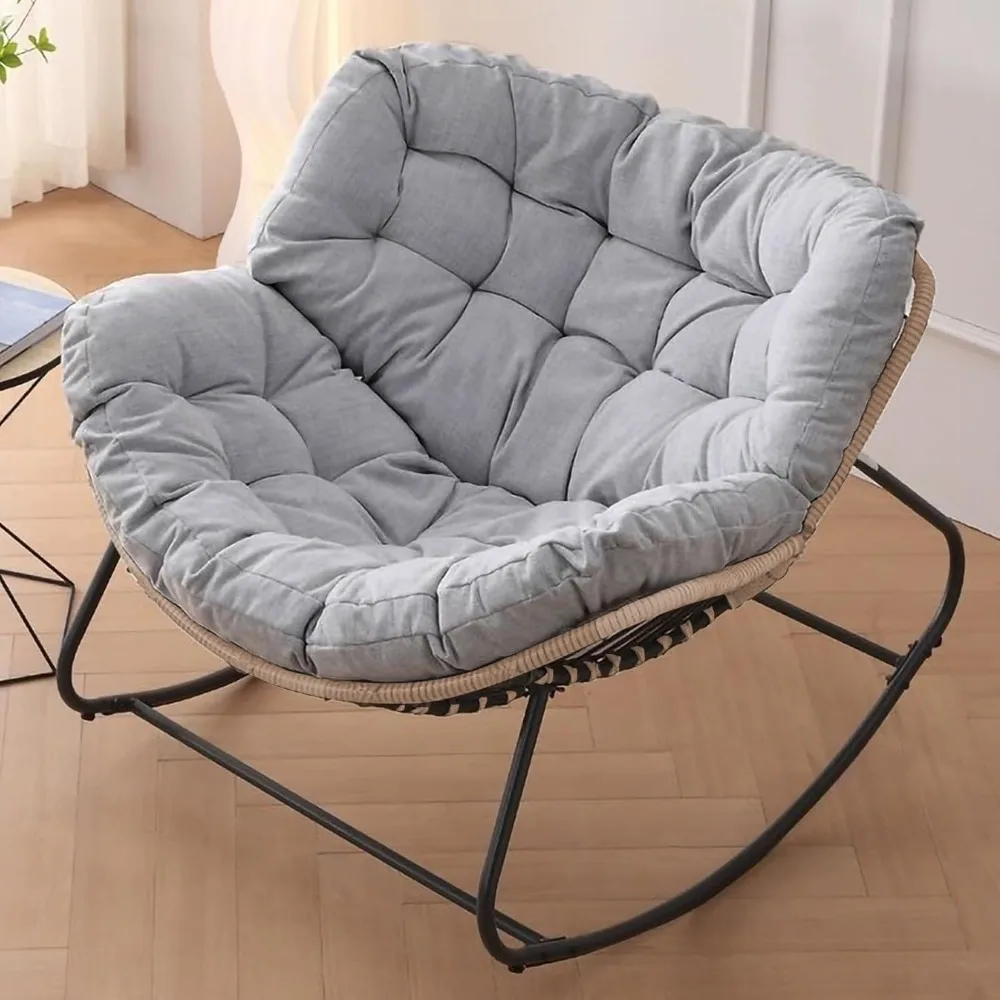 Outdoor/Indoor Rocking Chair, Papasan Chair for Patio Porch, Rattan Wicker Lounge Rocker, Stylish Egg-Shaped Design with Cushion