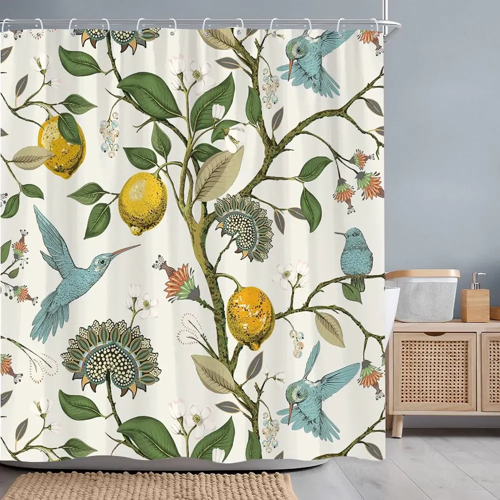 Tropical Botanical Flower Shower Curtain Beige Green Palm Leaf Flower Scandinavian Decor Bathroom Polyester Shower Curtains Set