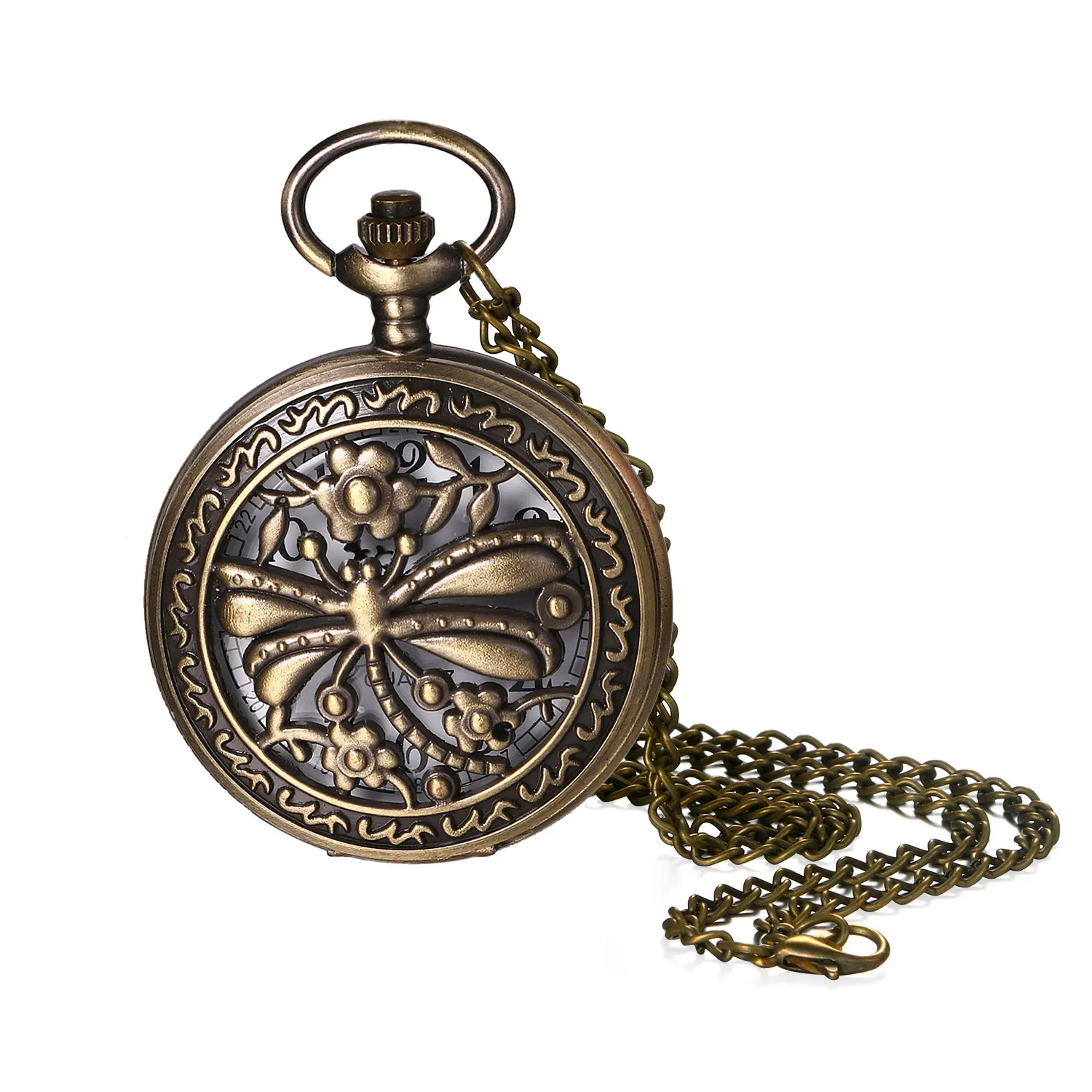 LANCARDO Hollow Dragonfly Decorated Quartz Pocket Watch Arabic Numeral Scale Necklace Sweater Chain Pocket Watch Home Casual