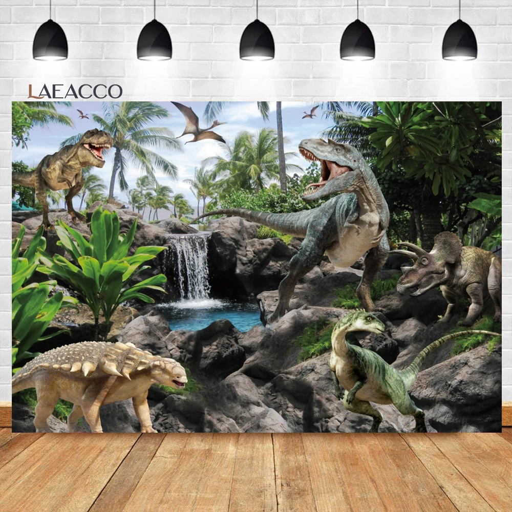 Laeacco Dinosaur Backdrop 3D Jungle World Dinosaur Kingdom Boys Birthday Baby Shower Portrait Customized Photography Background