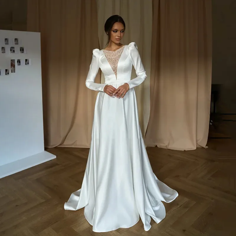 

Morden White A-Line Wedding Dress For Women Long Sleeves Pleat Shiny Beaded Sequined Simple Illusion V-Neck Zipper Sweep Train