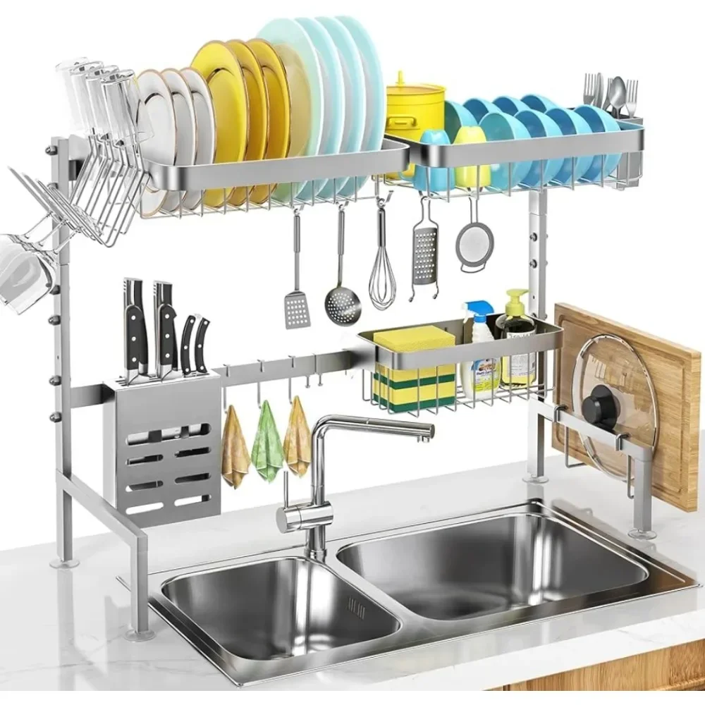 

y Large Stainless Steel Over The Sink Dish Drying Rack 2 Tier Length Adjustable Dish Drainer for Kitchen Sink Auto Drainage