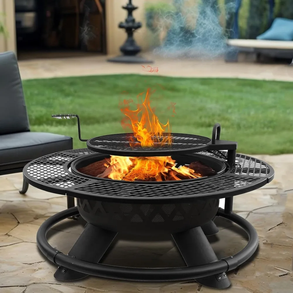 

47 Inch Fire Pit for Outside, Wood Burning Firepit with BBQ Grill, Outdoor Metal Fire Pits, Heavy Duty Large Firepits for Backya