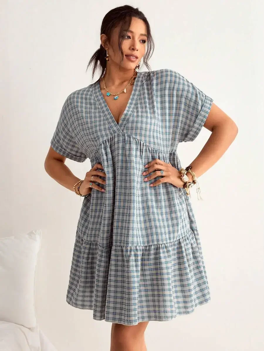 

Plus Size Plaid Batwing Sleeve Ruffle Hem Loose Dress Beach Vacation Bohemian Summer