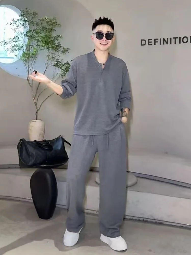 

2026 New Men's Knitted Hollow Long Sleeve Two-Piece Set Spring Summer Trendy Loose Breathable Drapey Straight Leg Pants Set