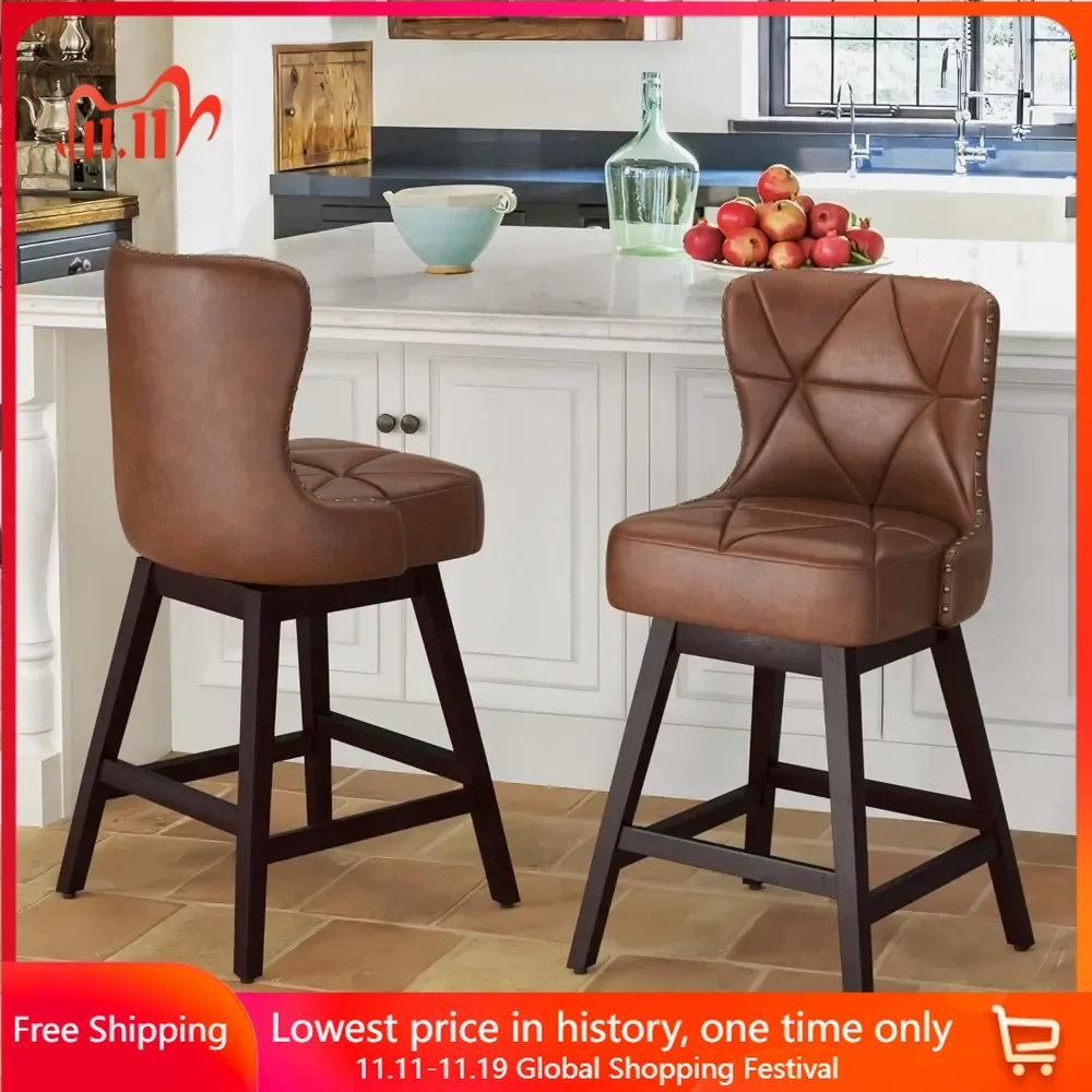 

Bar Stools Set of 2, Faux Leather Counter 26 Height Bar Chairs with Back & Solid Wood Legs, Upholstered Barstools