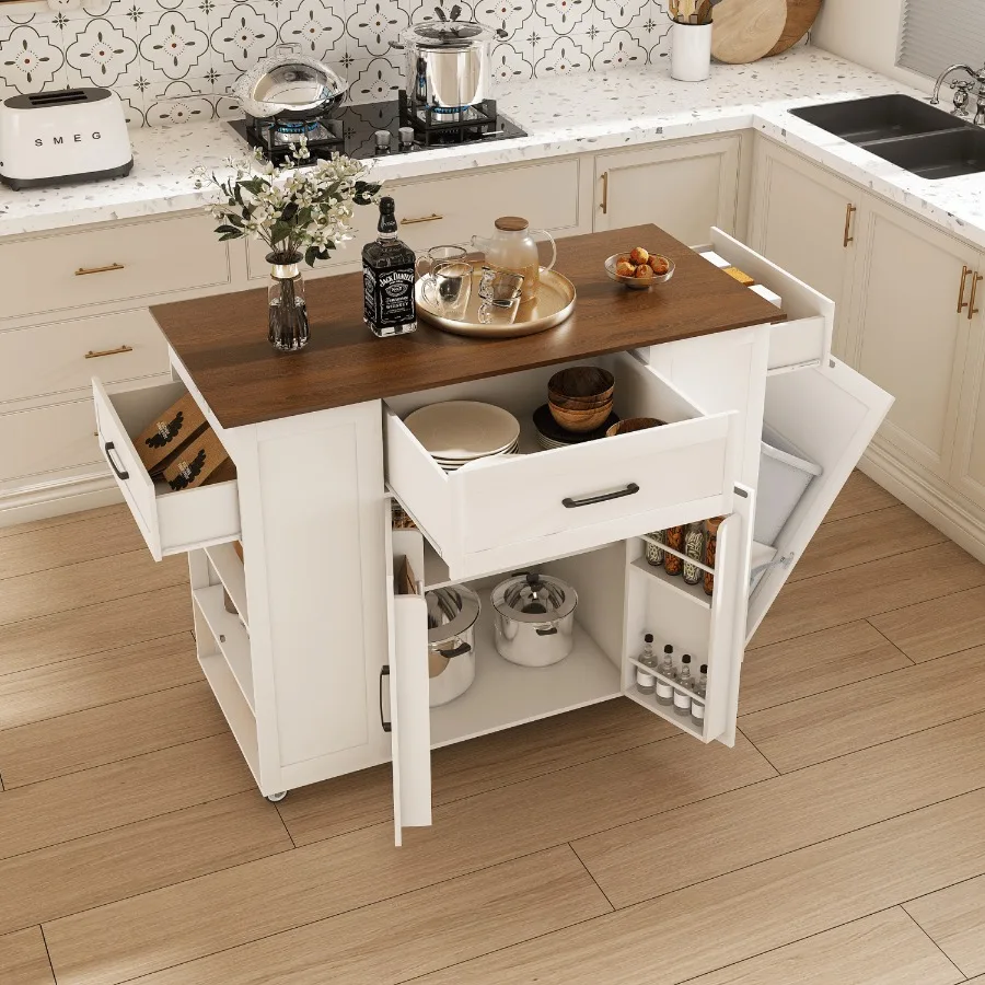 

46 Kitchen Island on Wheels with Storage Power Outlet Movable Rustic Breakfast Bar Table Wood Top with Adjustable Shelf Drawer