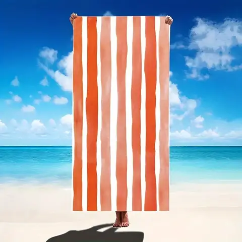 Beach Time Essential: 수건, 목욕 수건, 비치 타월에 적합한 생생한 주황색과 흰색 줄무늬 수건