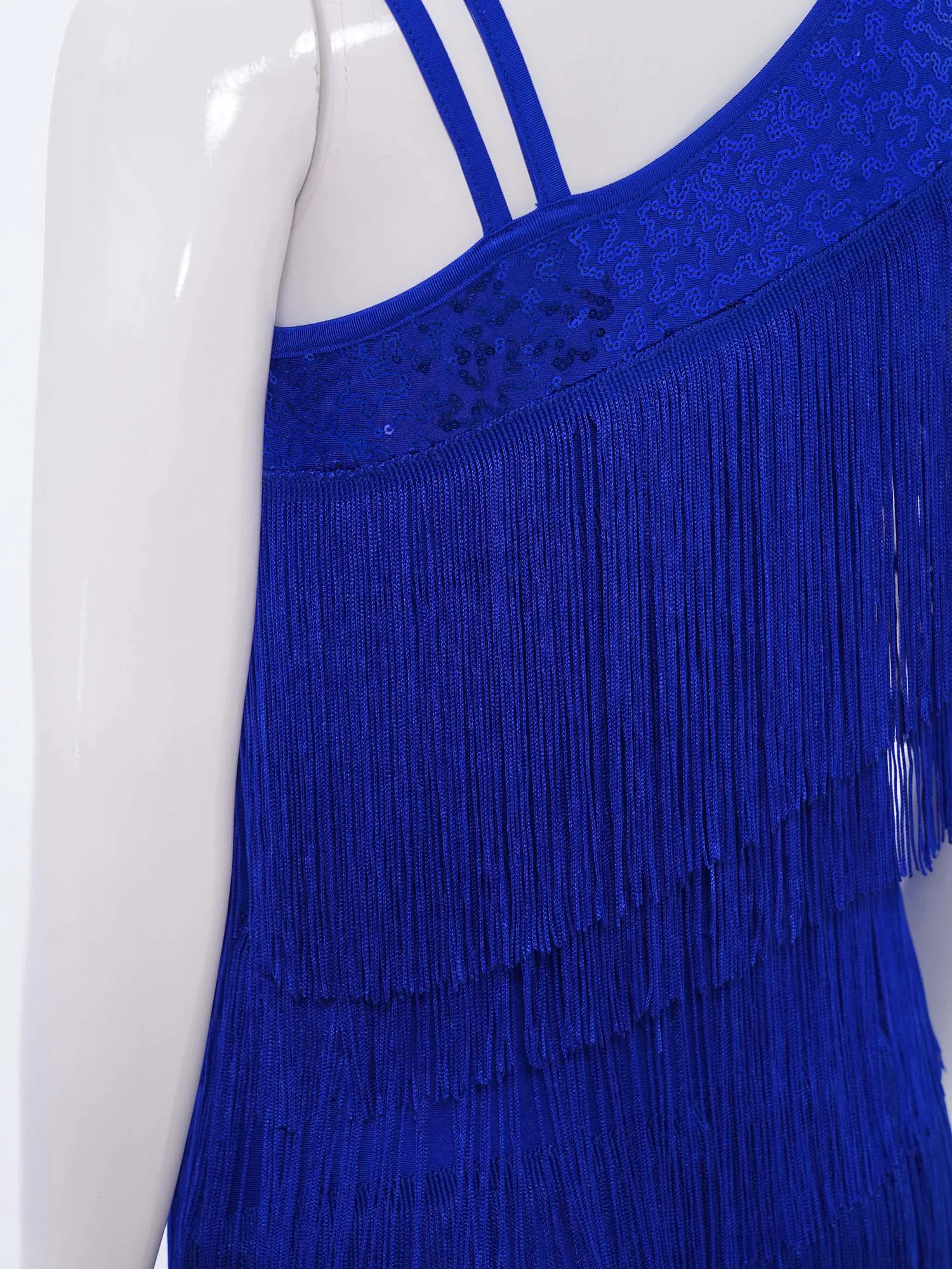 ชุดเต้นลาตินสำหรับเด็กผู้หญิง แบบมีพู่ห้อย แขนกุด ชุดบอดี้สูท แต่งชายครุย สำหรับเต้นบอลรูม โมเดิร์น ชาช่า แทงโก้ รุมบ้า ซัลซ่า และสเก็ต