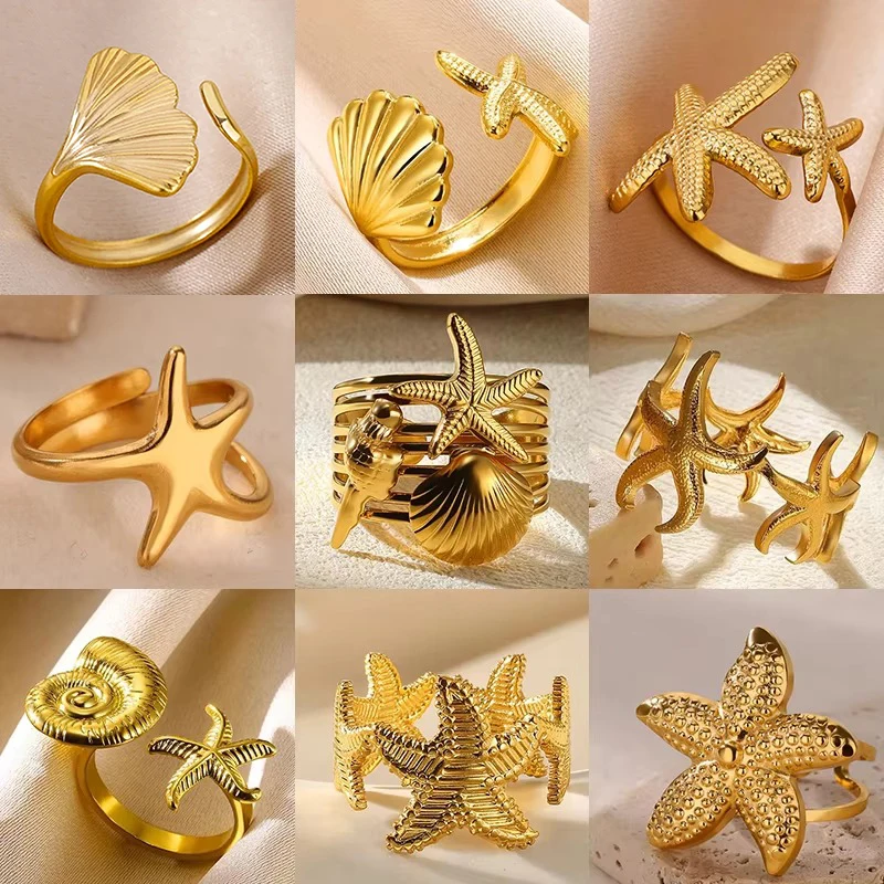 Anillos de concha de estrella de mar de acero inoxidable para mujer, anillo de dedo de estrella de mar de Color dorado, regalo de joyería de Navidad para vacaciones de verano Vintage