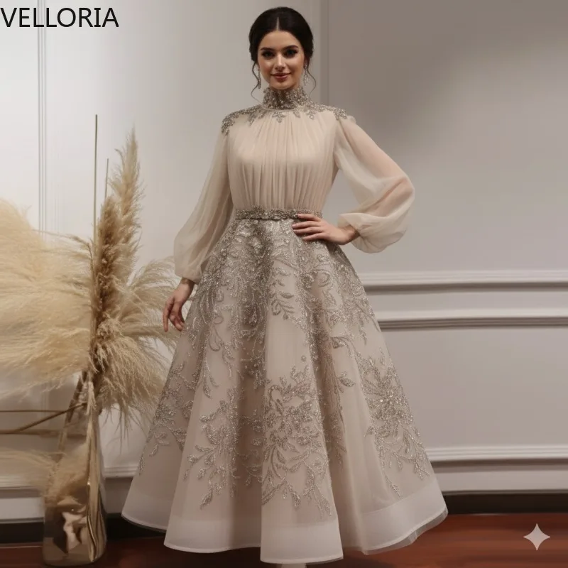 

Luxury High Neck Evening Dresses Long Sleeve Beaded Sequins Tea Length Prom Gown Elegant Arabic Formal Party Vestidos Customized