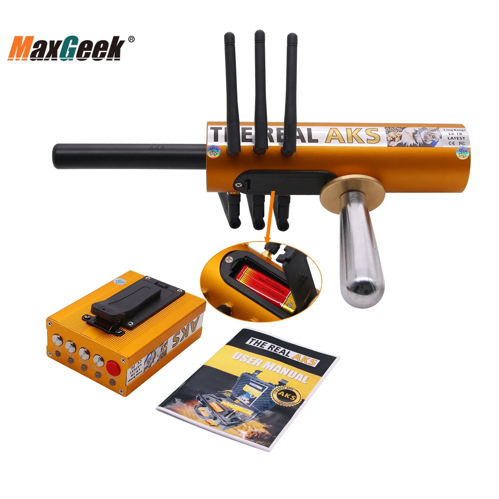 Maxgeek The Real AKS Gold Long Range Metal Detector Gold Detector Golden 6 Antennas Plastic Case for Gold Silver + Filter