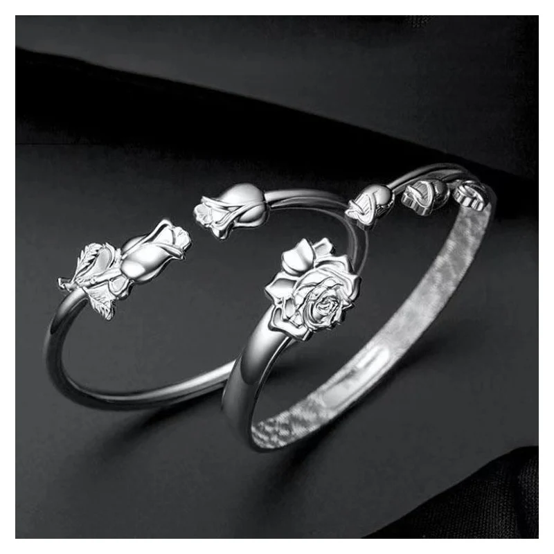 New 999 silver bracelet Women's three trumpet flower words sterling silver bracelet Simple opening silver bracelet wholesale