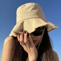 Women Solid Color Sunshade Bucket Hat Soft Cotton Tassel Brim Foldable Fisherman Cap Lady Girl Outdoor Beach Travel Sun Caps - Image 2