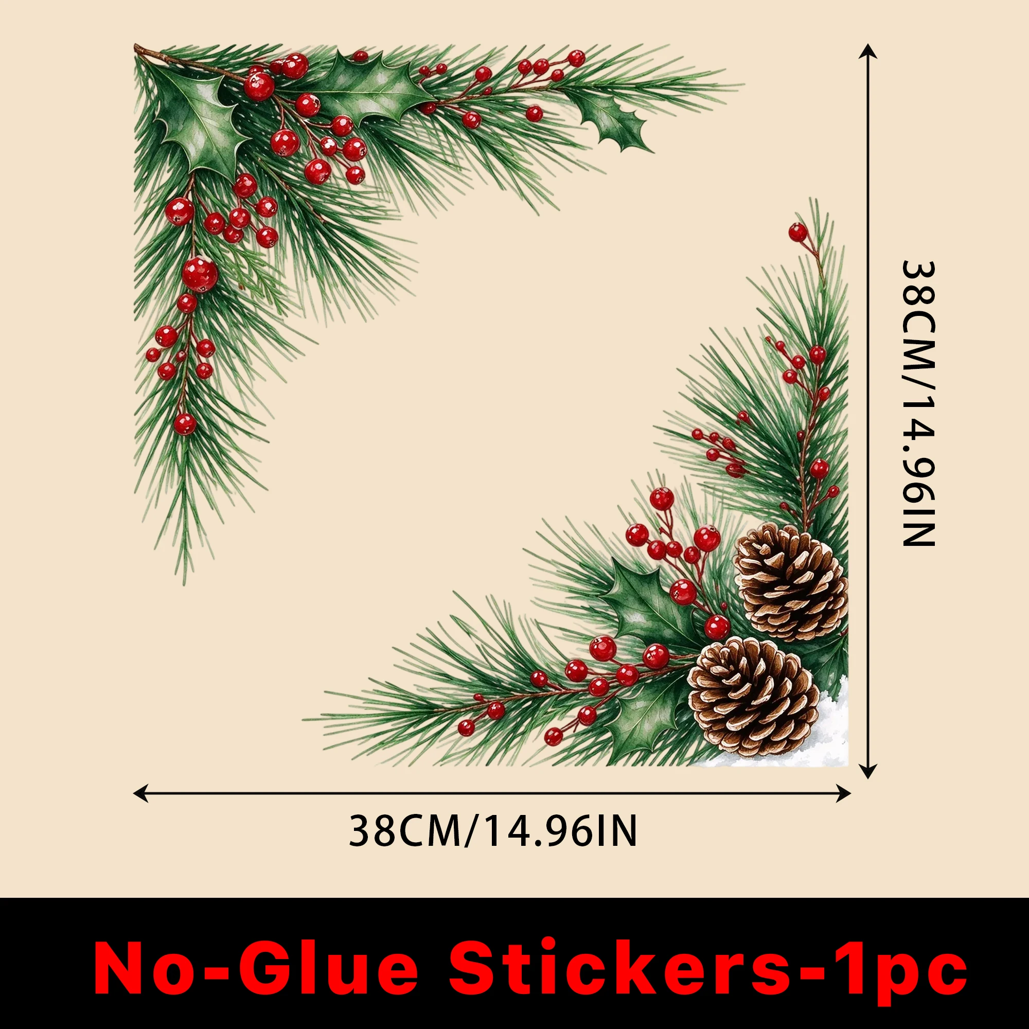 Christmas Pine Branch Window Stickers Holly Berry Pinecones Corners Static Cling Watercolor Reusable Removable Winter Holiday