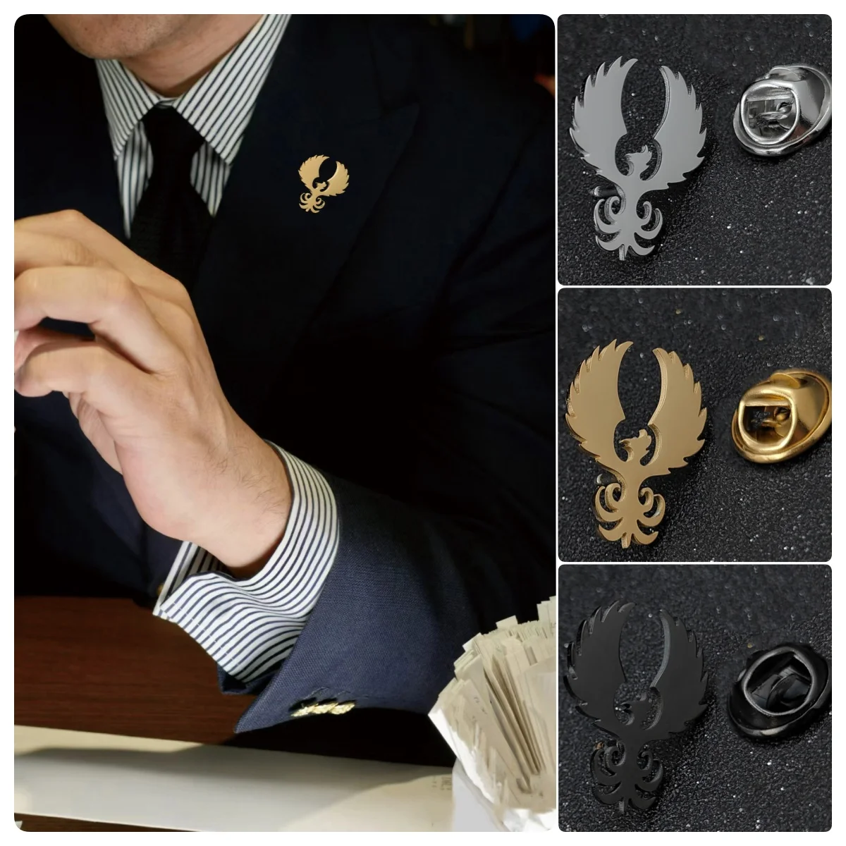

Punk Phoenix Brooch, men's stainless steel coat collar pin, a gift for your husband