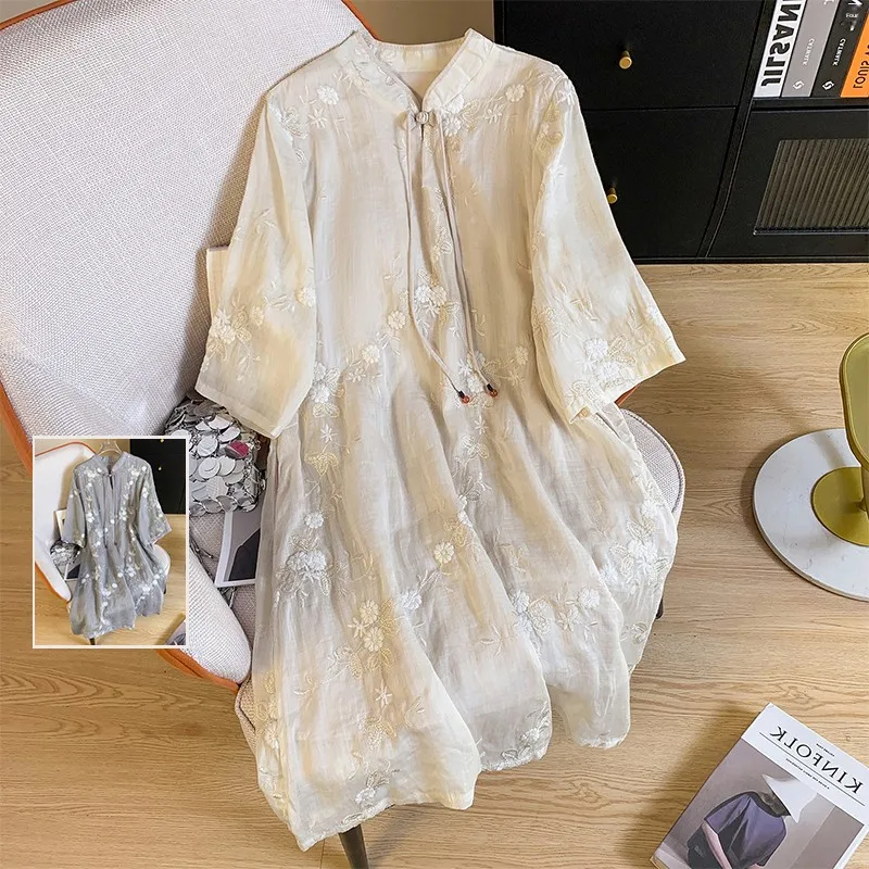 

Ele Вышитый Tussah Silk Dr Воротник-стойка Seven Quarter Sve Midi Длина Faionable Большие размеры Женские D...