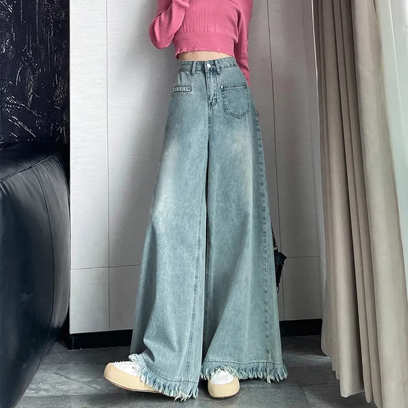 

American Loose Flare Jeans Women Harajuku Pockets Vintage Classic Blue Wide Leg Pants Tassels High Street Y2K Female Pants