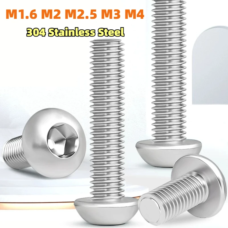 M1.6 M2 M2.5 M3 M4 304 Stainless Steel Round Pan Head Hex Hexagon Socket Screw Mushroom Button Head Allen Bolts DIN7380