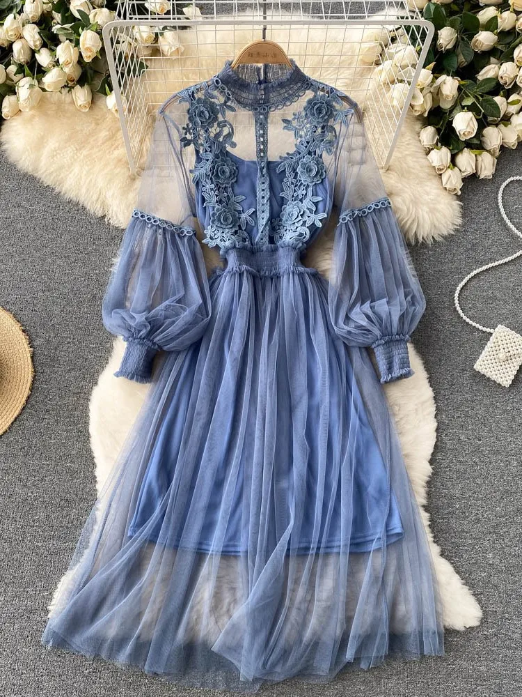 

Three-dimensional Flower Mesh Stand-up Collar Lantern Sleeves Suspender Two-piece Suit Dress Spring Summer Women's Clothing