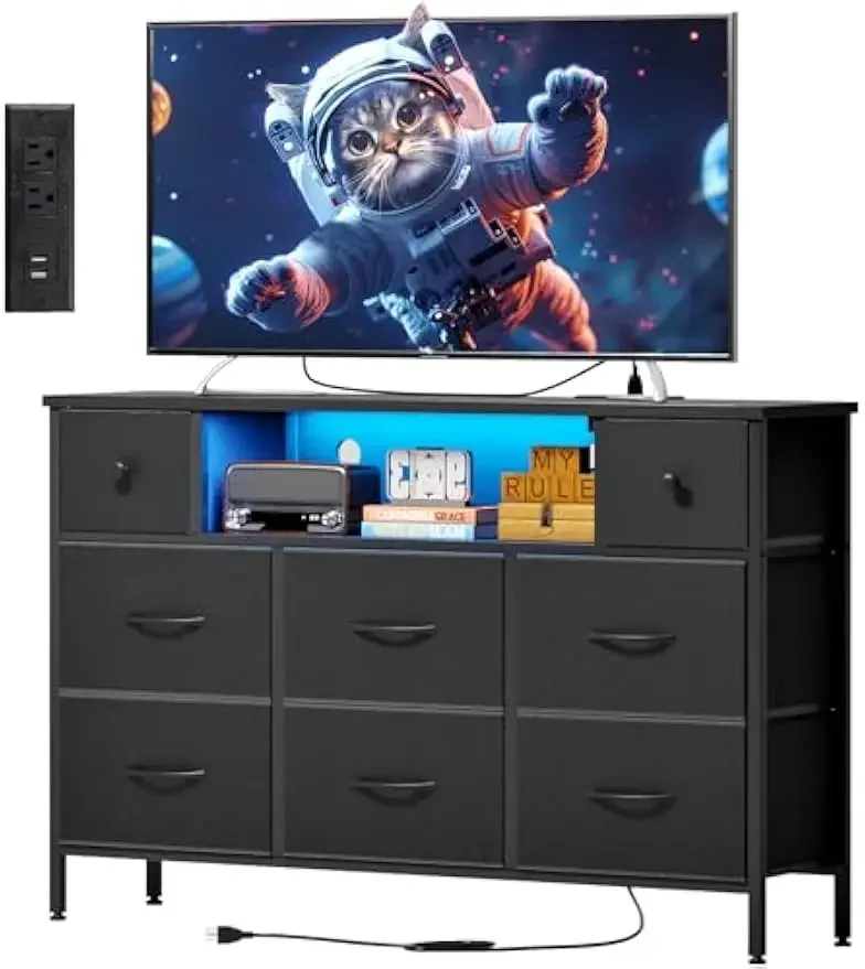 Dresser for Bedroom with Power Outlets and LED Lights, Black 55