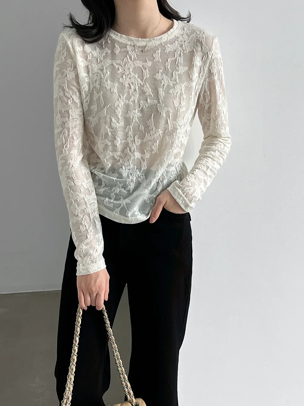 Lace Floral Long Sleeve T-Shirt Women Autumn Casual Mesh Embroidered Layered Top Loose O-Neck Tee