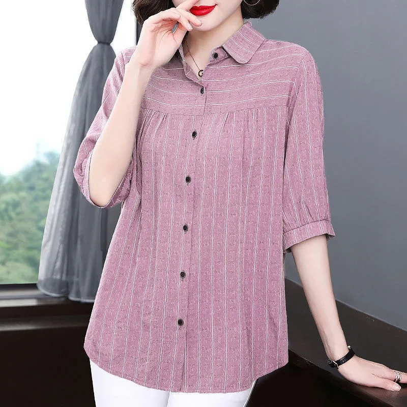 2024 Summer Three Quarter Polo-Neck Large Size Women\'s Clothing Solid Color Striped Temperament Office Lady Shirt Slim Tops