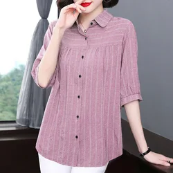 2024 Summer Three Quarter Polo-Neck Large Size Women's Clothing Solid Color Striped Temperament Office Lady Shirt Slim Tops