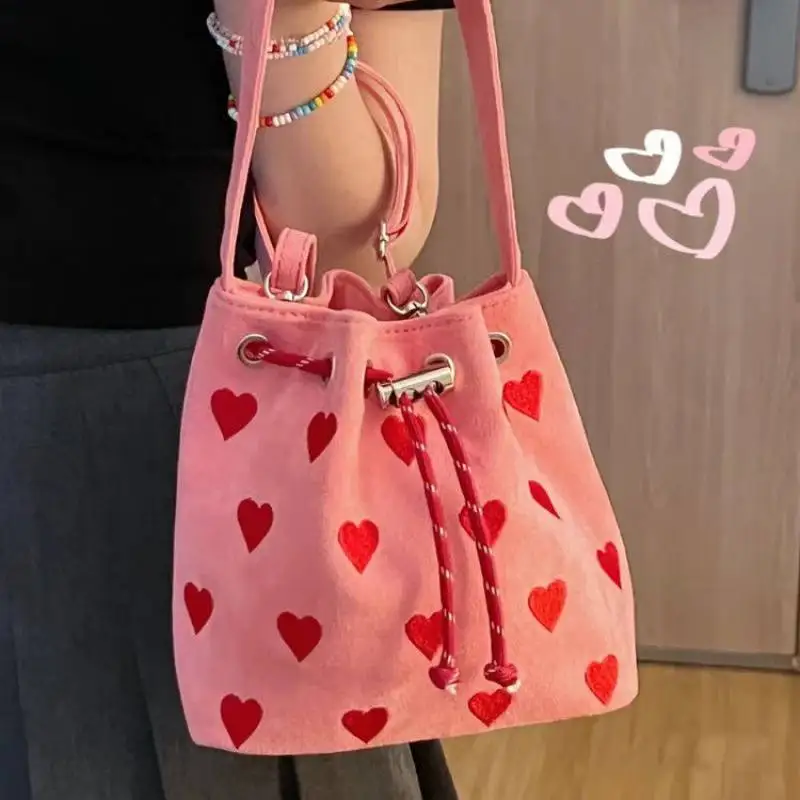 Embroidered Love Hand Canvas Bag Shoulder Crossbody Mini Bucket Bag Portable Mobile Phone Bag Heart Drawstring Shoulder Bag